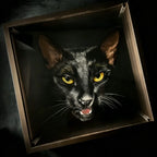 Framed artwork of a black cat with yellow eyes on a dark background