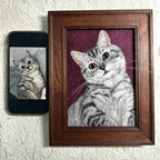Framed portrait of a cat next to a smartphone displaying a similar image on a textured white background