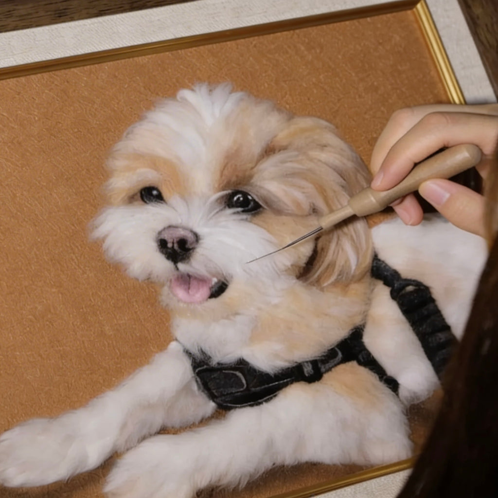 Small dog being groomed with a tool on a wooden surface