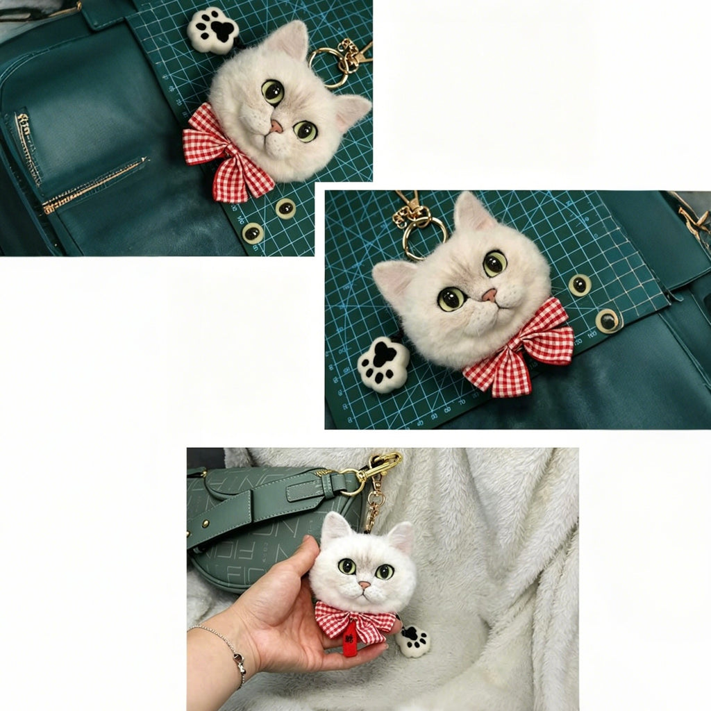 Cat-shaped keychain with a checkered bow on a green bag, held by a hand.