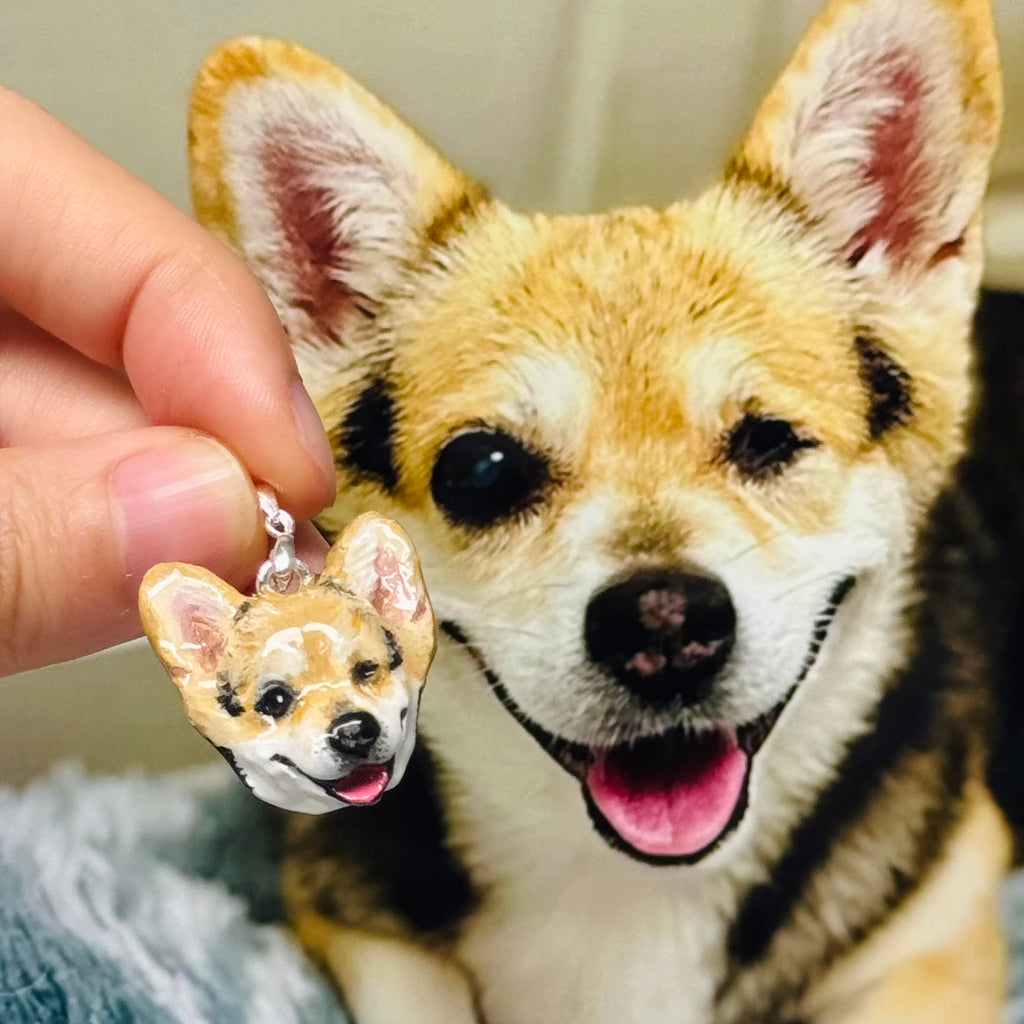 Custom 3D Pembroke Welsh Corgi dog face portrait pendant necklace, a personalized miniature dog parent gift.