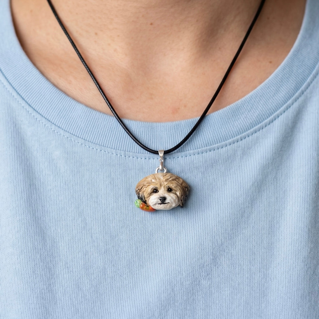 Close-up of a model wearing a custom 3D hand-sculpted dog portrait pendant on a black necklace, showcasing personalized wearable pet jewelry.