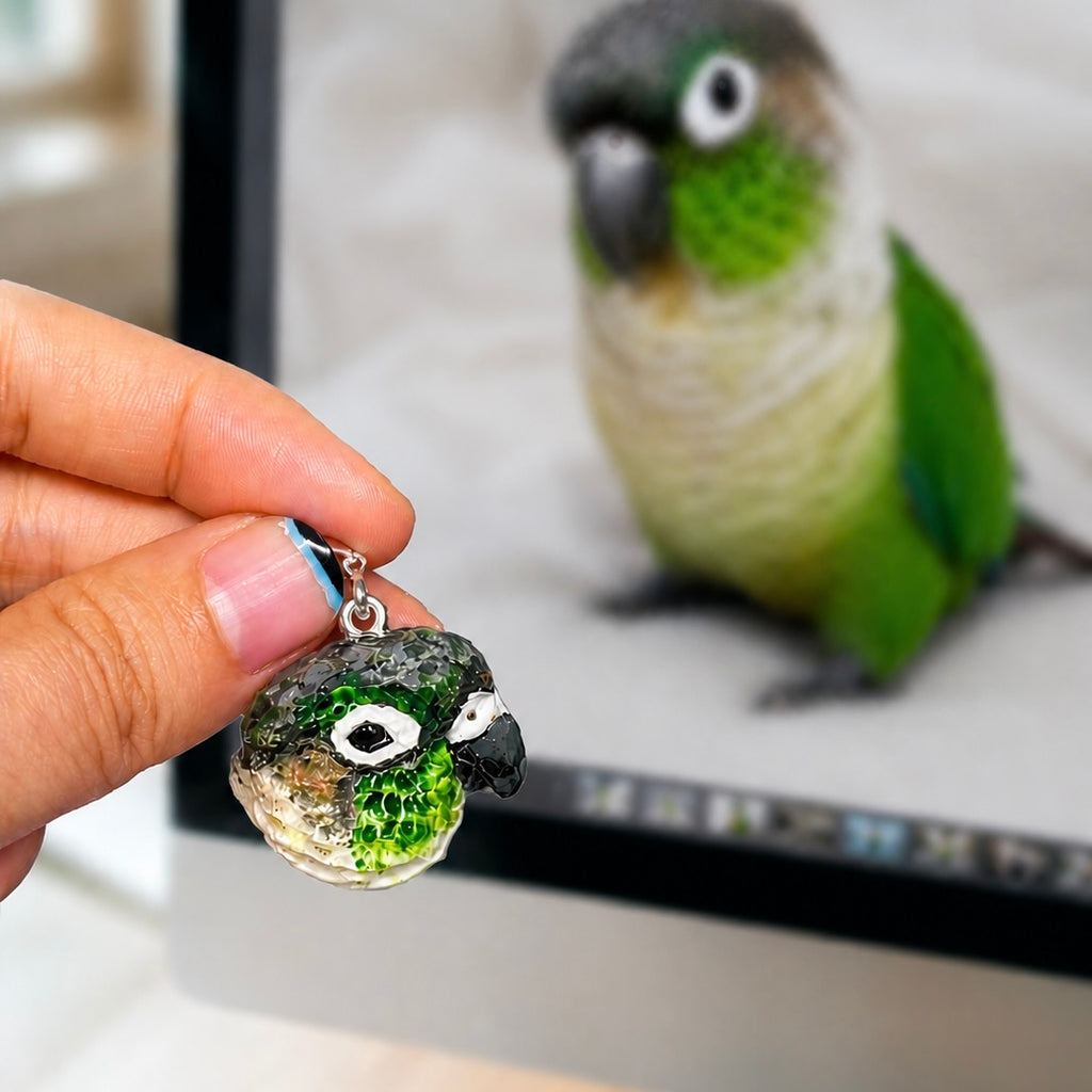 Custom 3D Green Parrot exotic bird portrait charm, personalized avian fine art jewelry for bird owners.