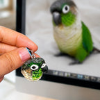Custom 3D Green Parrot exotic bird portrait charm, personalized avian fine art jewelry for bird owners.