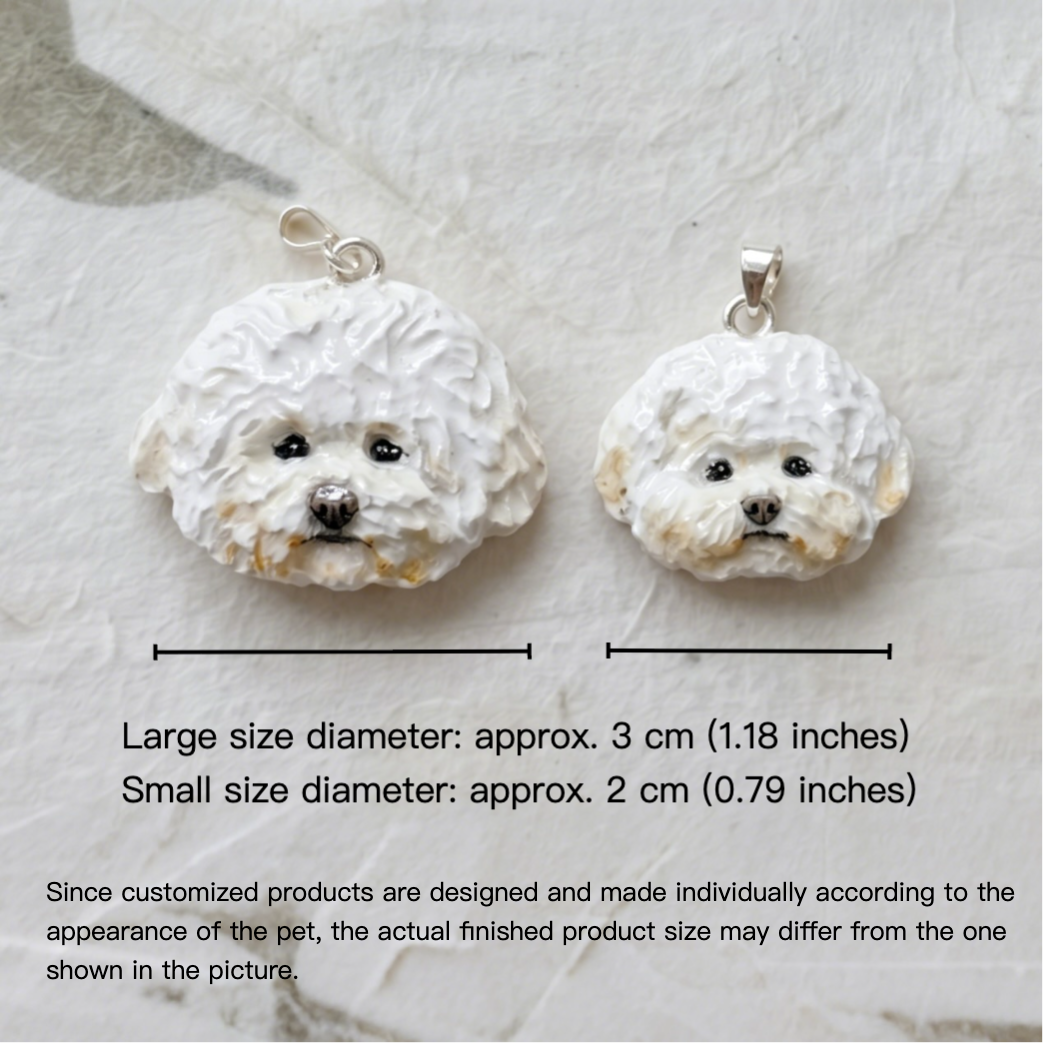 A pair of detailed custom 3D Bichon Frise dog face pendant necklaces in a gift box, a sweet family set.