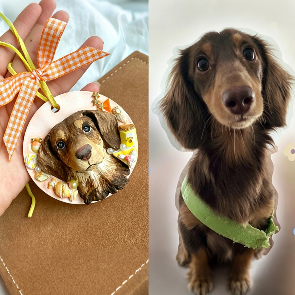 Two images of a dachshund; one is a decorative ornament with a dog's face, the other is a real dachshund wearing a green collar.