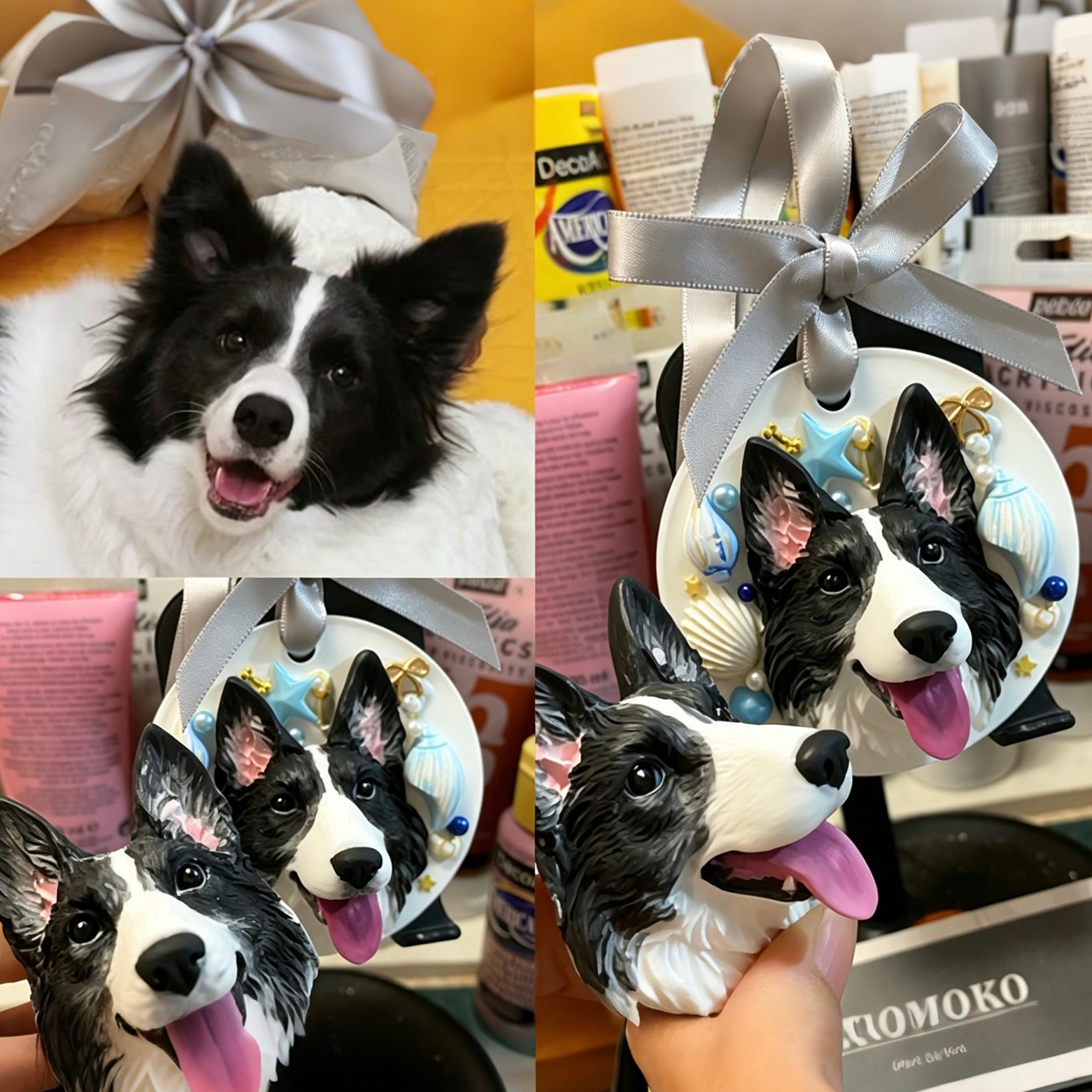 Collage of a black and white dog with a decorative ornament and a product shelf in the background.