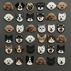 Collection of embroidered dog and cat faces on a dark background
