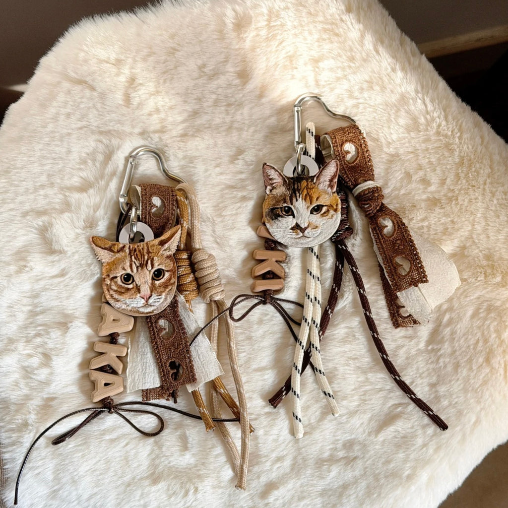 Cat-themed keychains with scarves on a fluffy white surface