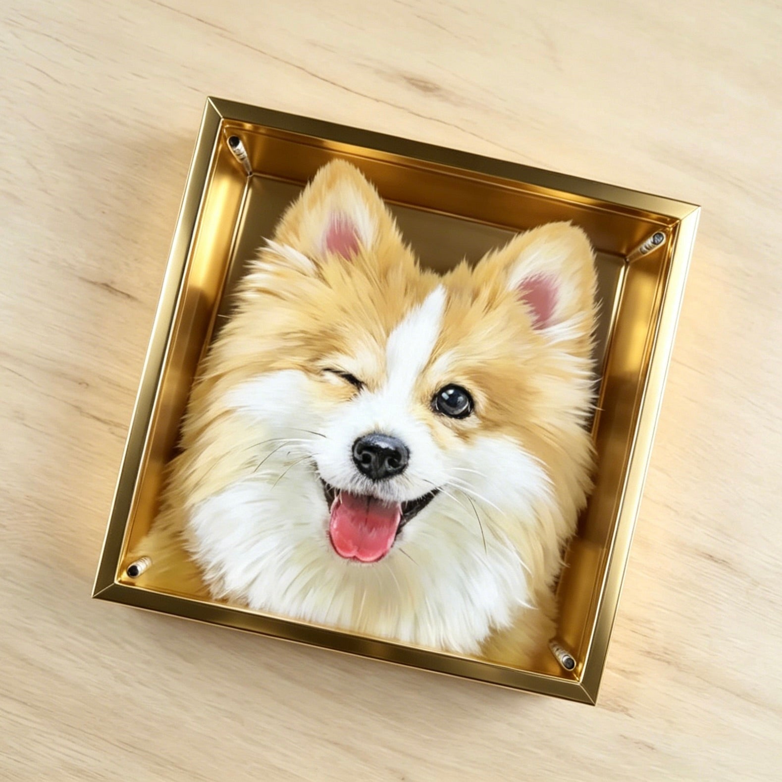 Dog portrait in a gold frame on a wooden surface