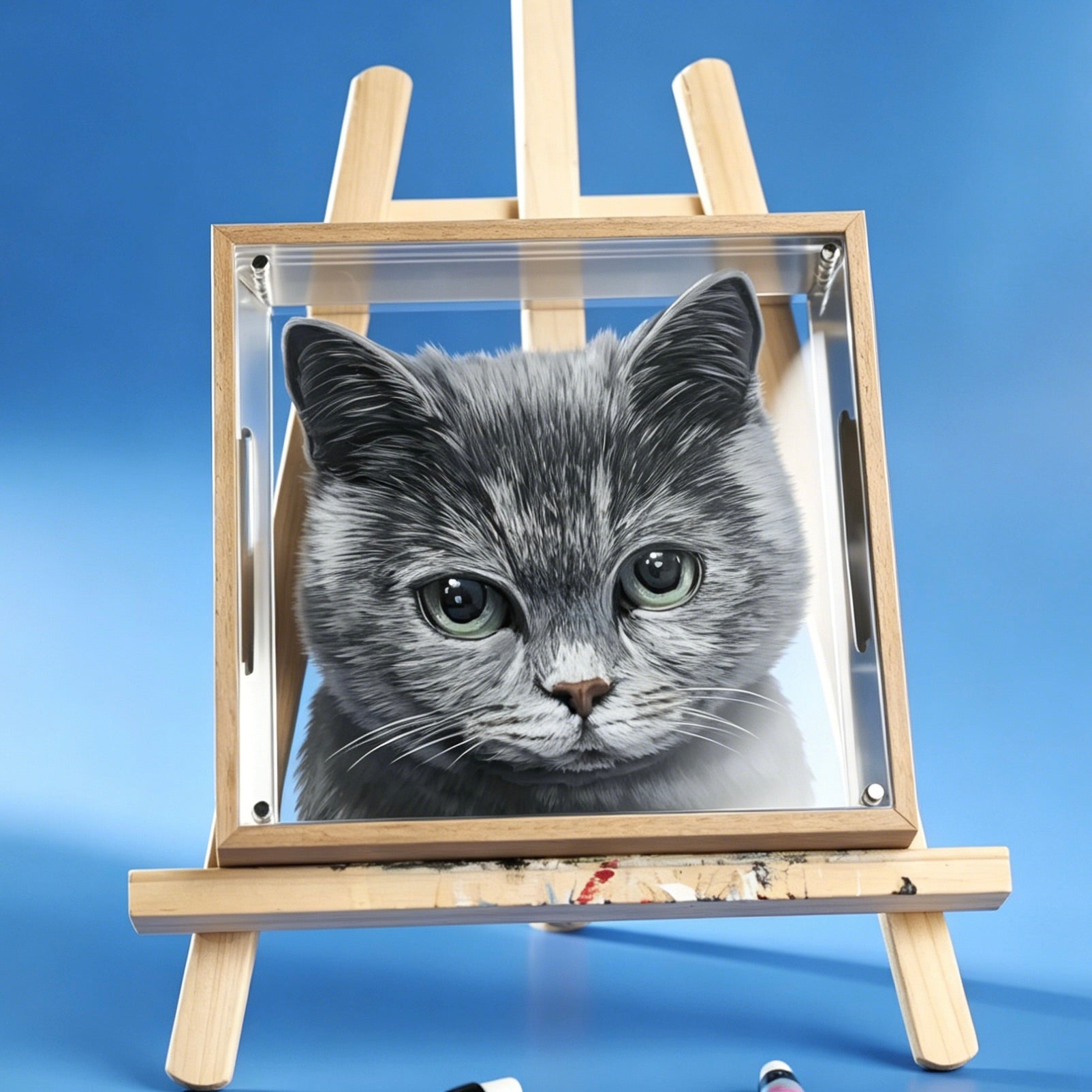 Painting of a gray cat on an easel against a blue background