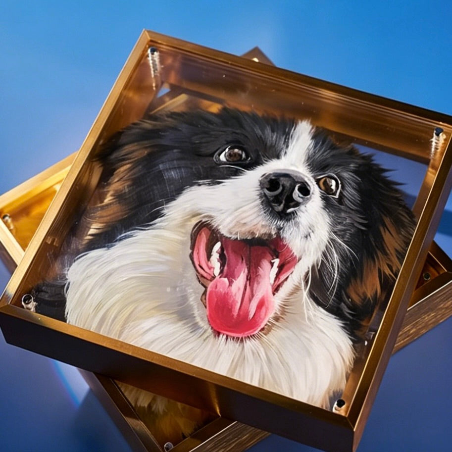 Dog's face with a gold frame against a blue sky