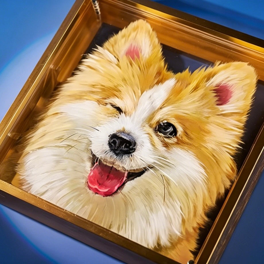 Artistic depiction of a dog's face in a wooden frame on a blue background