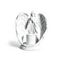 White angel figurine with wings spread holding a candle on a white background