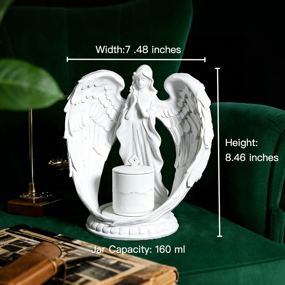 White angel figurine with measurements on a green surface