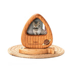 Wooden pet urn with a cat's photo and engraved details on a white background