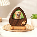 Wooden pet memorial with a photo of a dog on a table with a lamp and plant in the background.