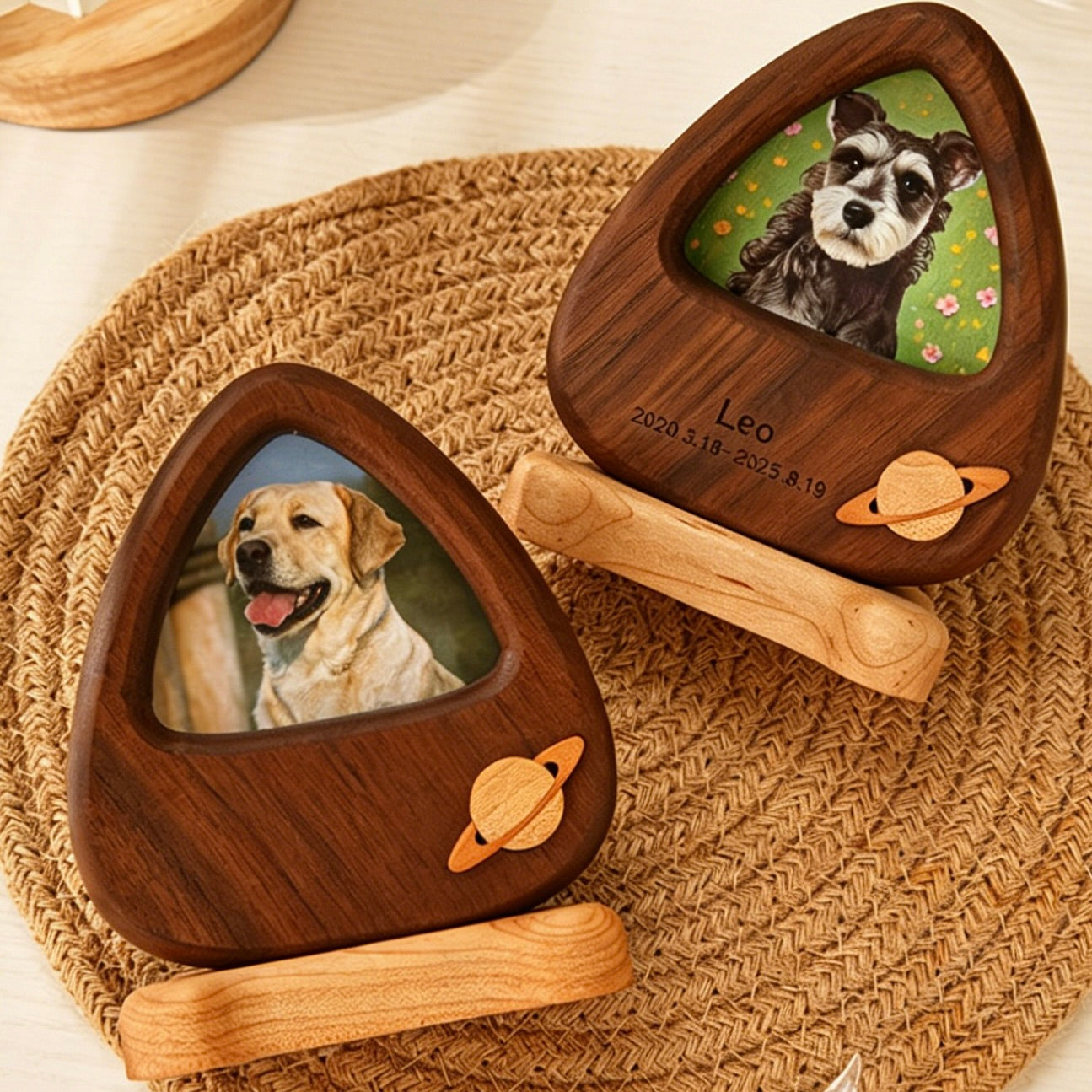 Two wooden pet memorials with engraved names and dates, featuring images of dogs on a woven mat.