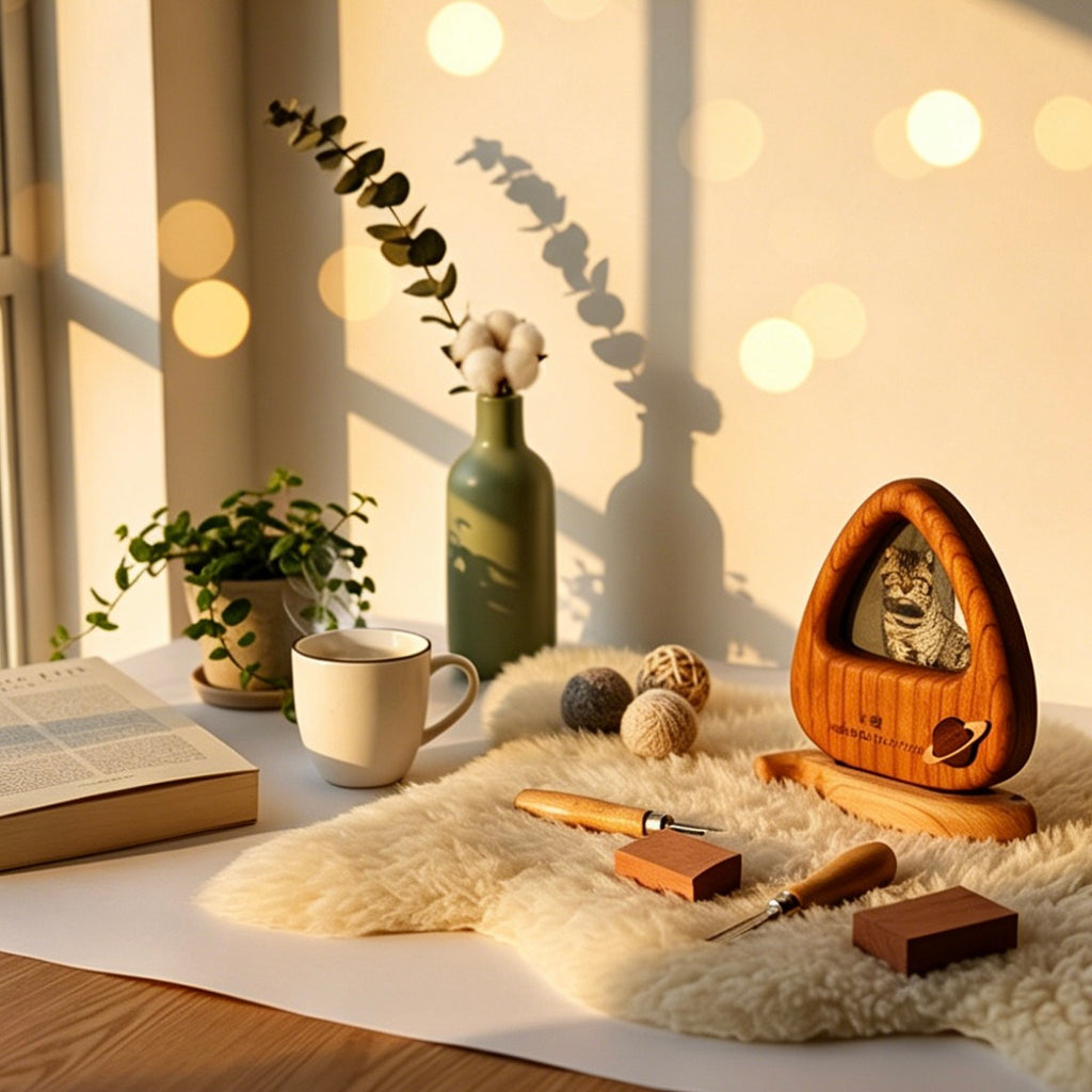 Cozy indoor setting with a wooden cat house, mug, book, and decorative items on a table.