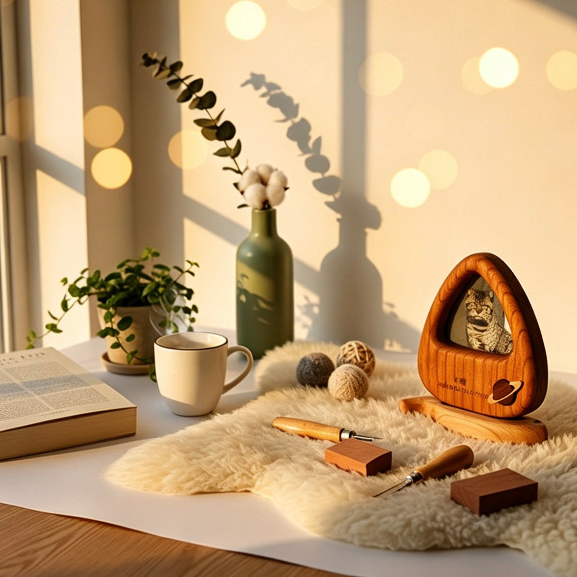 Cozy indoor setting with a wooden cat house, mug, book, and decorative items on a table.