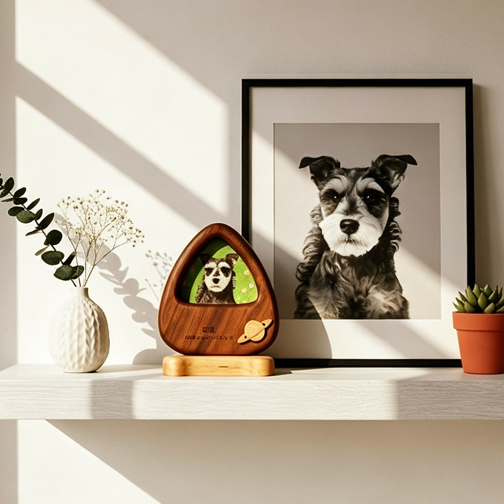 Framed black and white portrait of a dog on a shelf with decorative items.