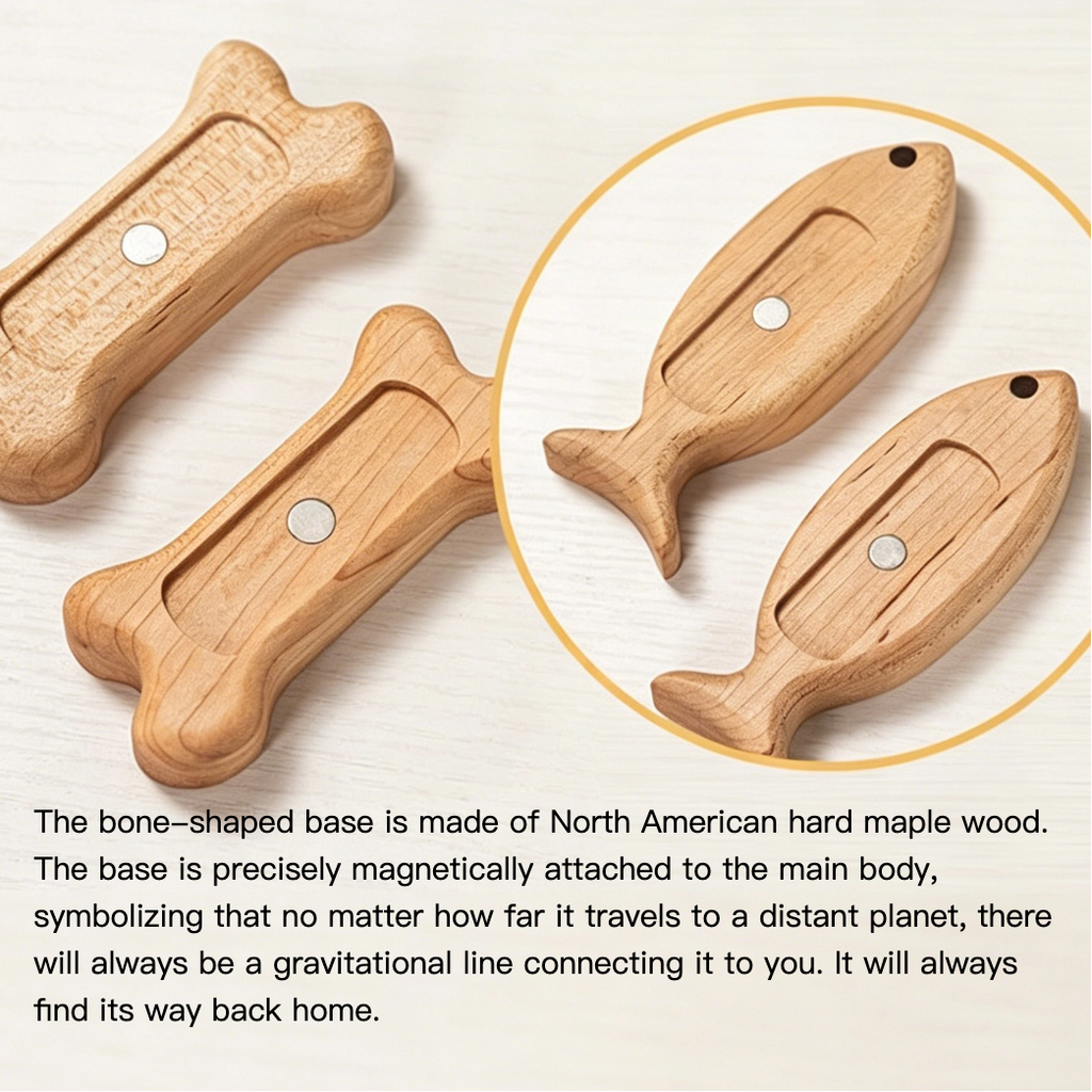 Wooden fish-shaped objects with text about their material and design.