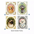 Four framed images of dogs and a cat with decorative borders on a white background.