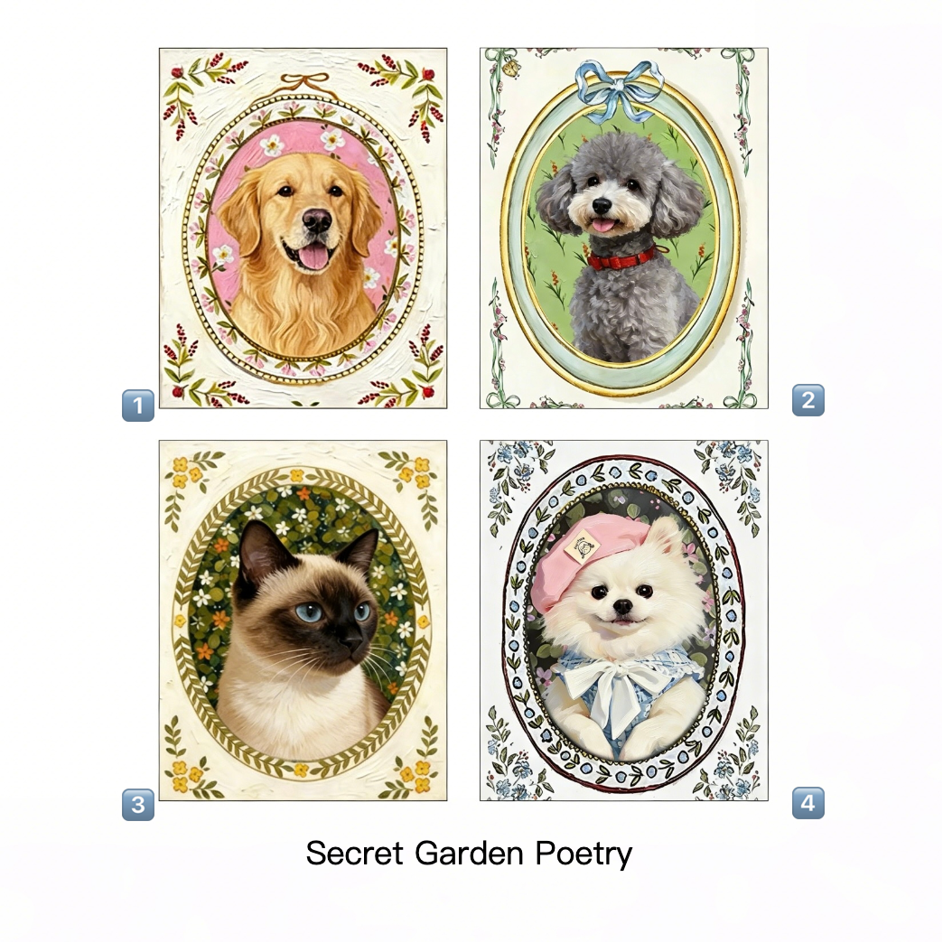 Four framed images of dogs and a cat with decorative borders on a white background.