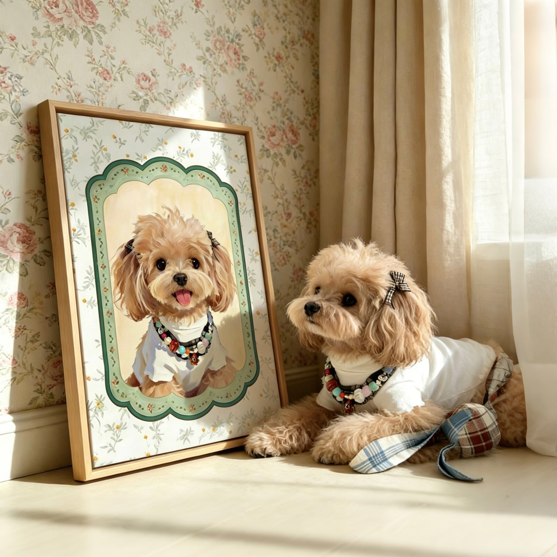 Dog sitting next to a framed portrait of itself in a room with floral wallpaper and curtains.