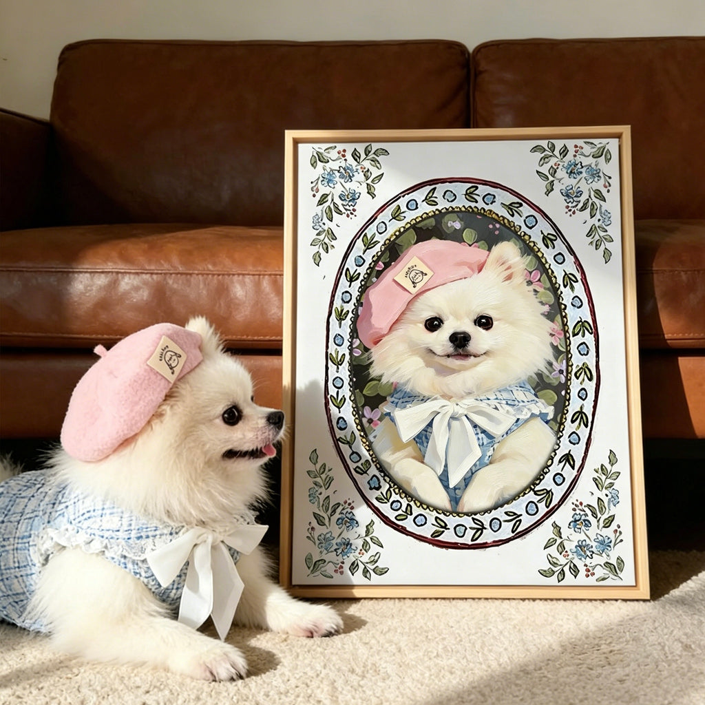 Small dog wearing a pink hat and blue outfit next to a framed picture of itself.