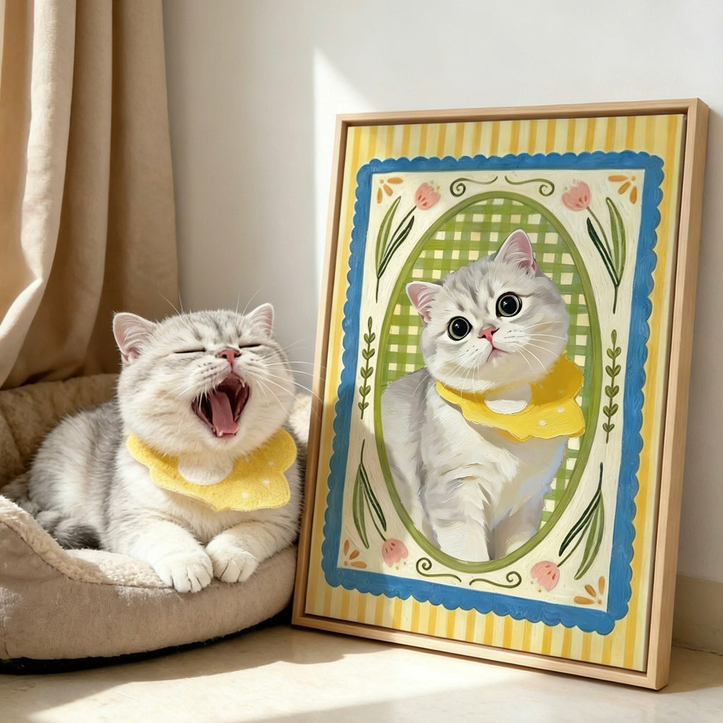 Cat with a yellow collar next to a framed illustration of a cat with a yellow collar.