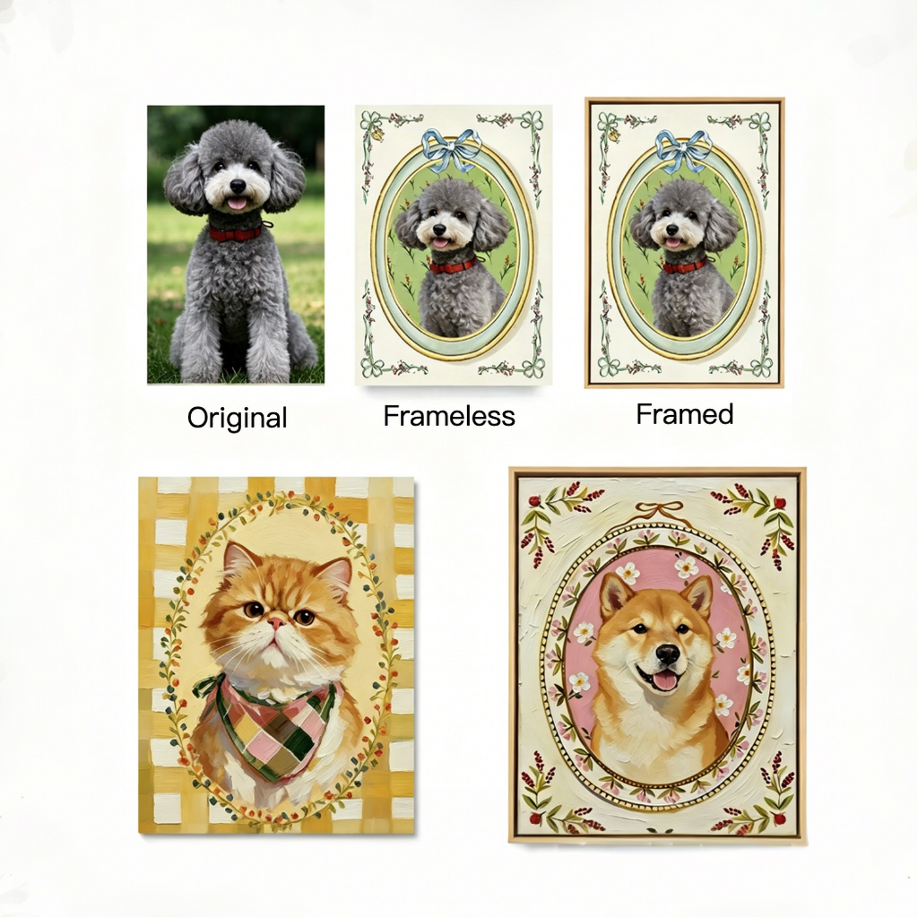 Comparison of a dog's portrait in original, frameless, and framed versions.
