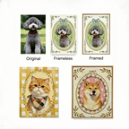 Comparison of a dog's portrait in original, frameless, and framed versions.