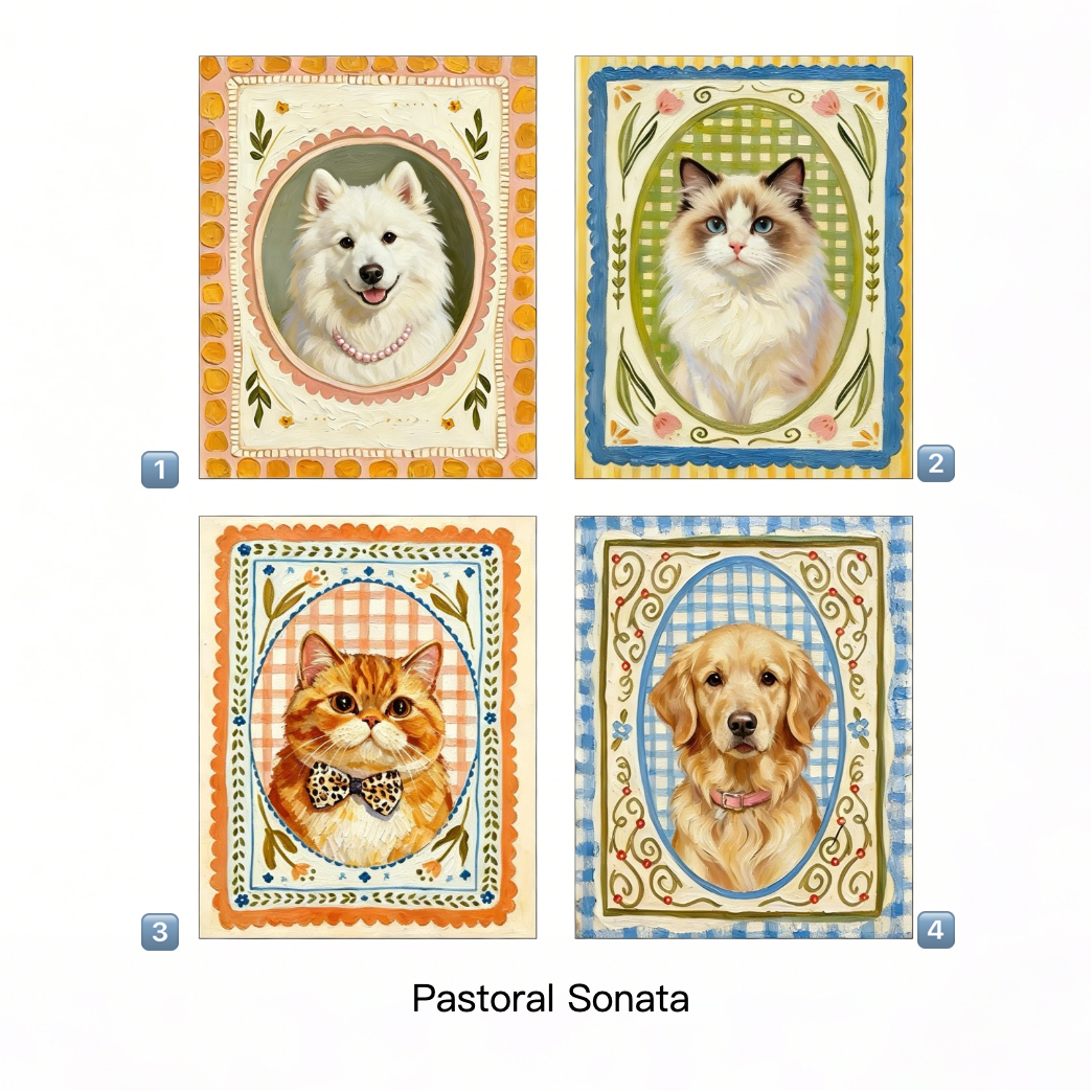 Four framed images of cats and a dog with decorative borders on a white background.
