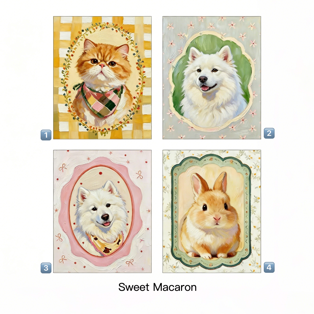 Four cards featuring illustrations of a cat, dog, and rabbit with decorative frames on a white background.