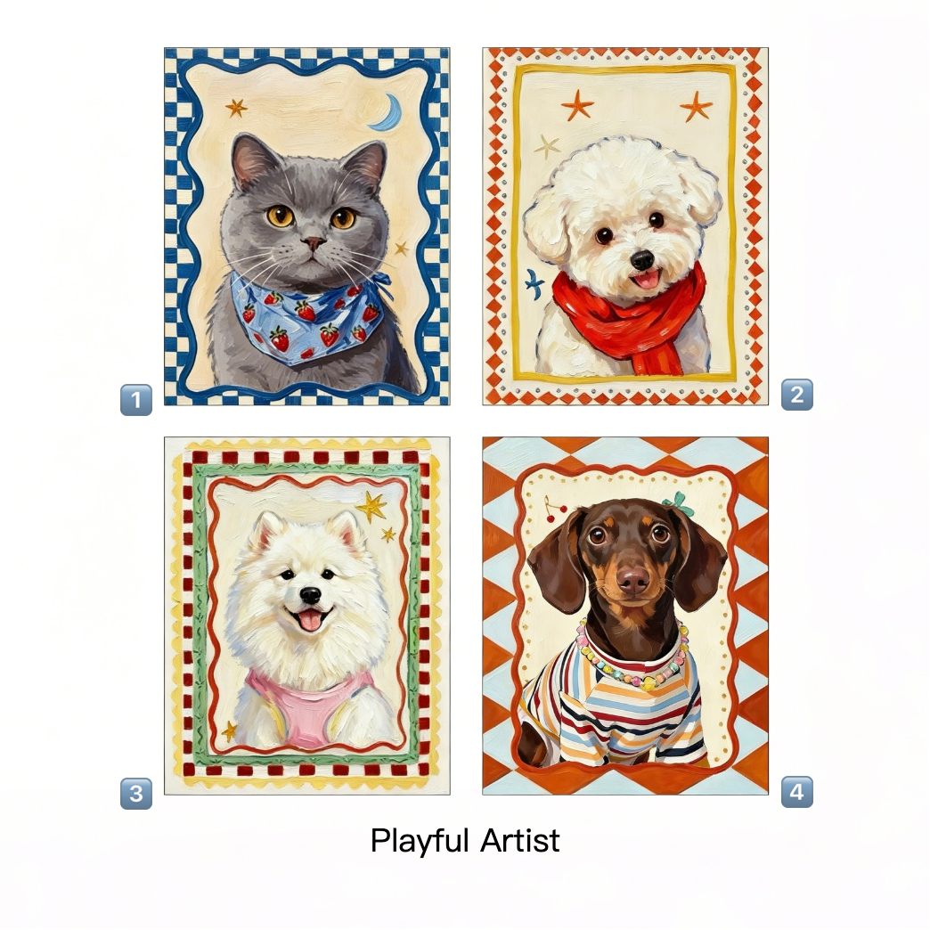 Four illustrations of cats and dogs with colorful frames on a white background.