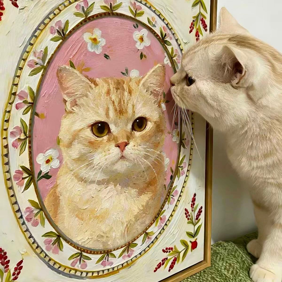 Cat looking at a painting of another cat with a floral frame