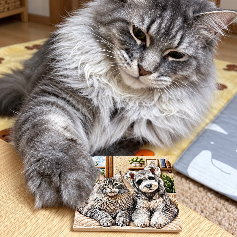 Gray cat beside a custom framed pet relief portrait featuring detailed pet artwork