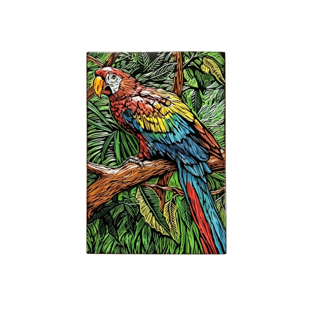 Colorful parrot on a branch with green leaves in the background