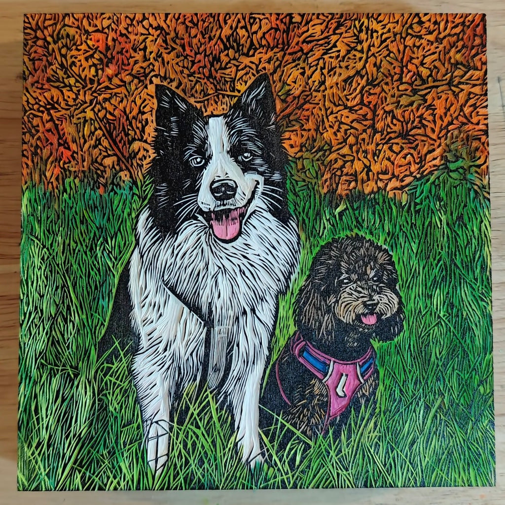 Illustration of two dogs in a grassy field with colorful trees in the background