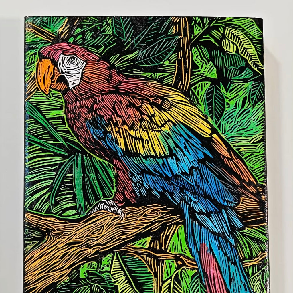 Colorful parrot illustration on a leafy background
