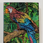 Colorful parrot illustration on a leafy background