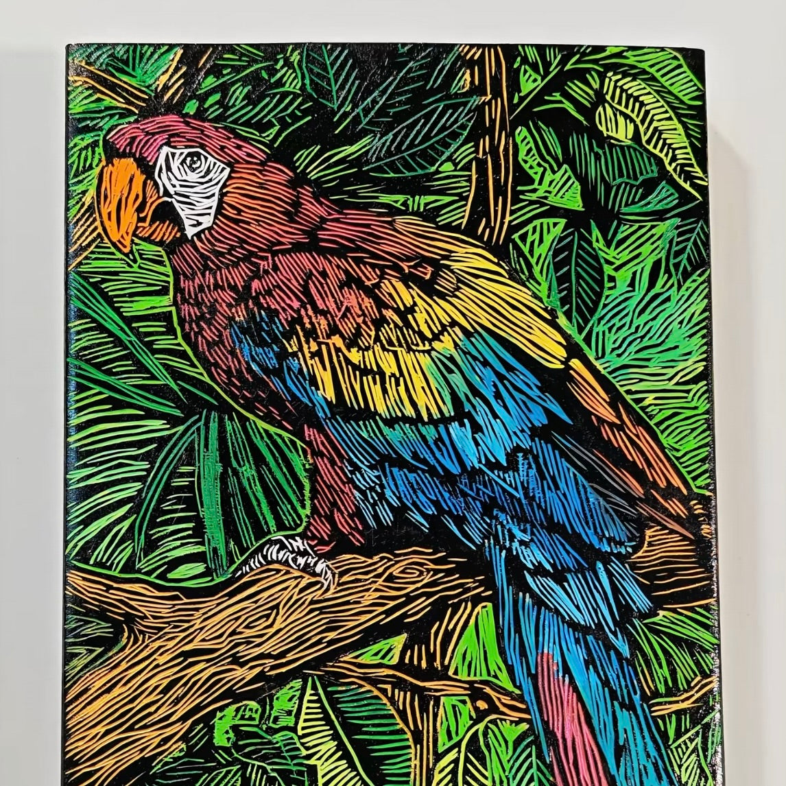 Colorful parrot illustration on a leafy background