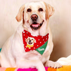A happy Golden Retriever dog wearing a personalized custom pet portrait bandana.