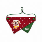 A dark red custom dog bandana with star patterns featuring a custom pet portrait and name Tom.