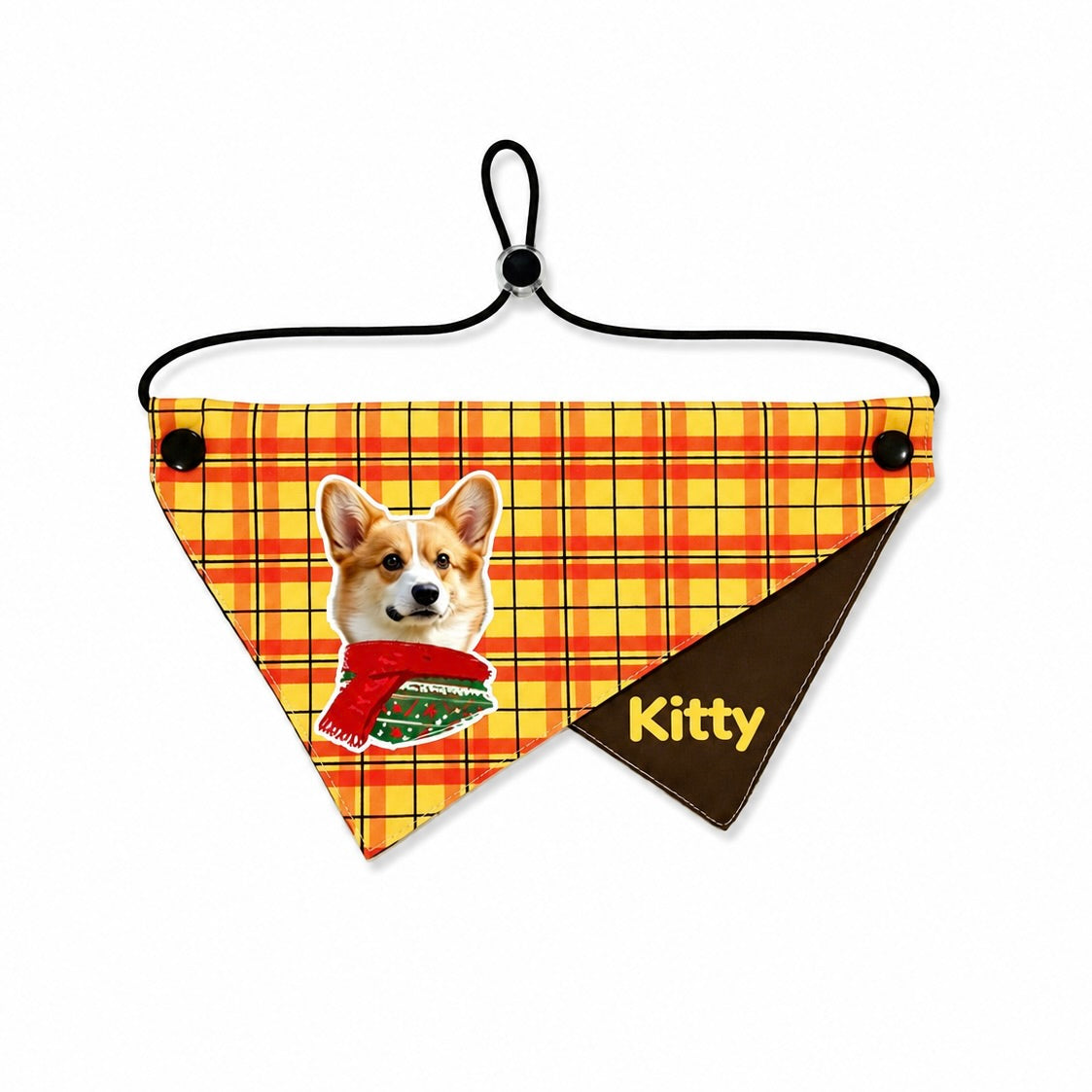 An orange plaid custom pet bandana featuring a personalized Corgi portrait and name Kitty.