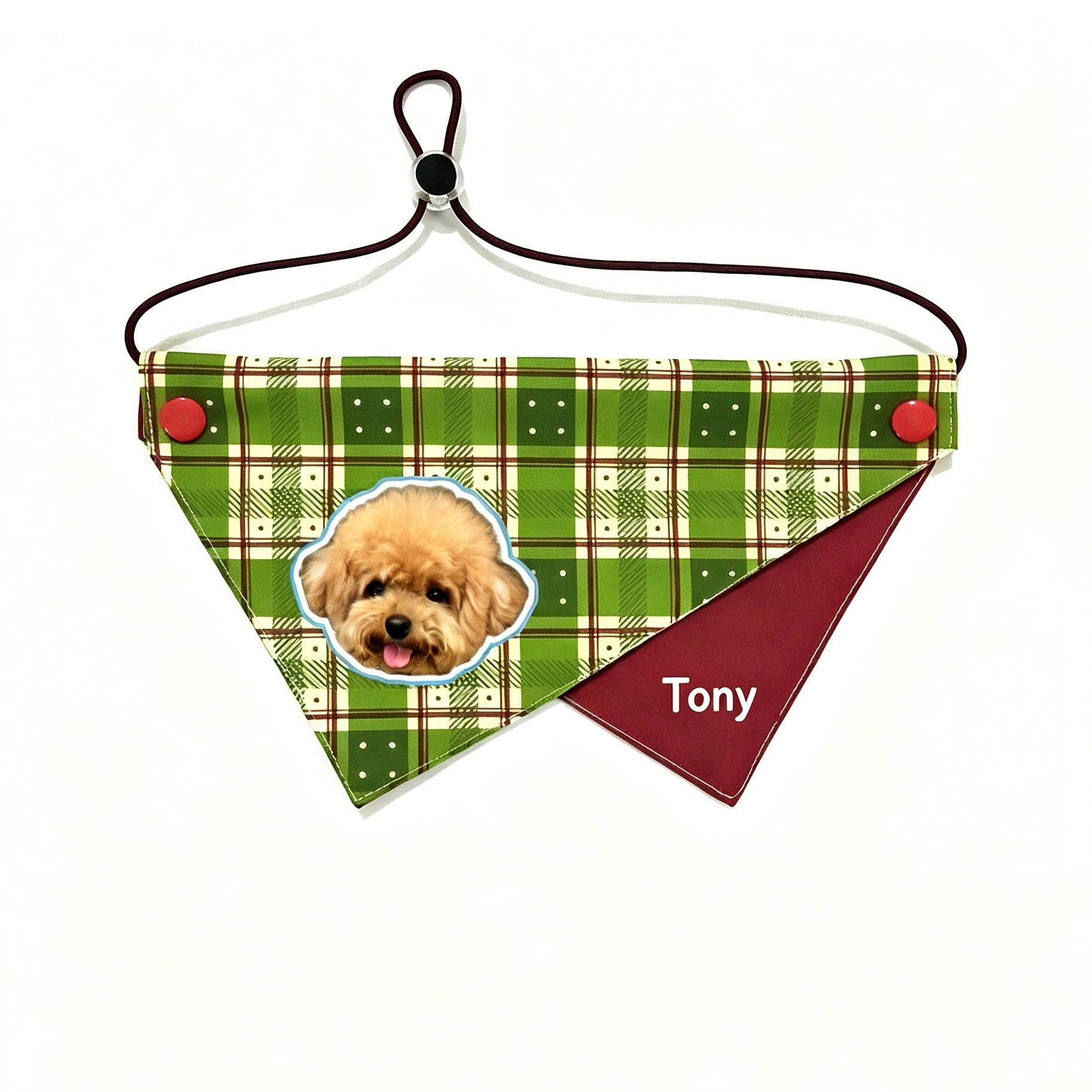 An orange geometric pattern custom cat bandana featuring a personalized portrait and name Lucky.