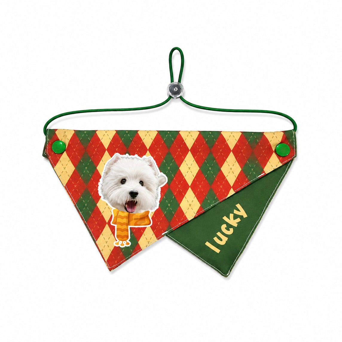 An orange geometric pattern custom cat bandana featuring a personalized portrait and name Lucky.