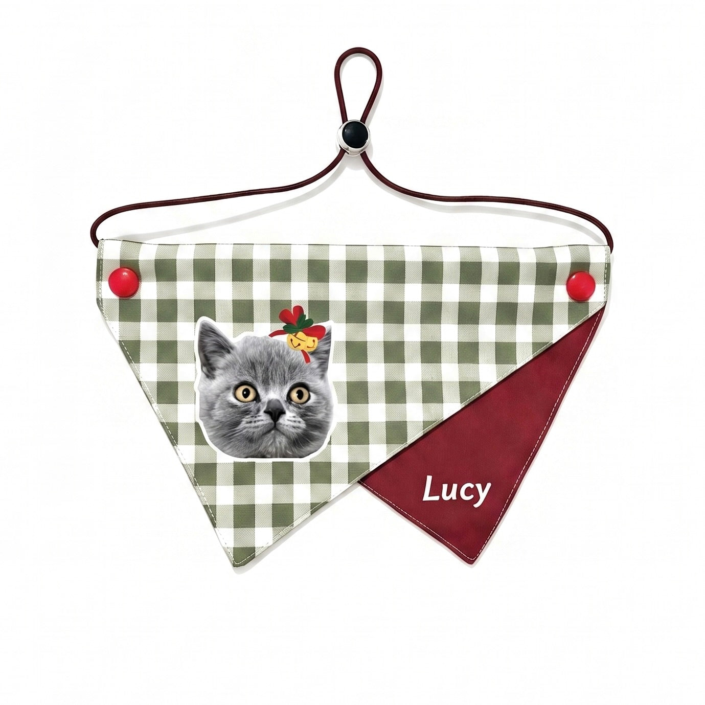 A grey and blue plaid custom cat bandana featuring a personalized portrait and name Lucy.