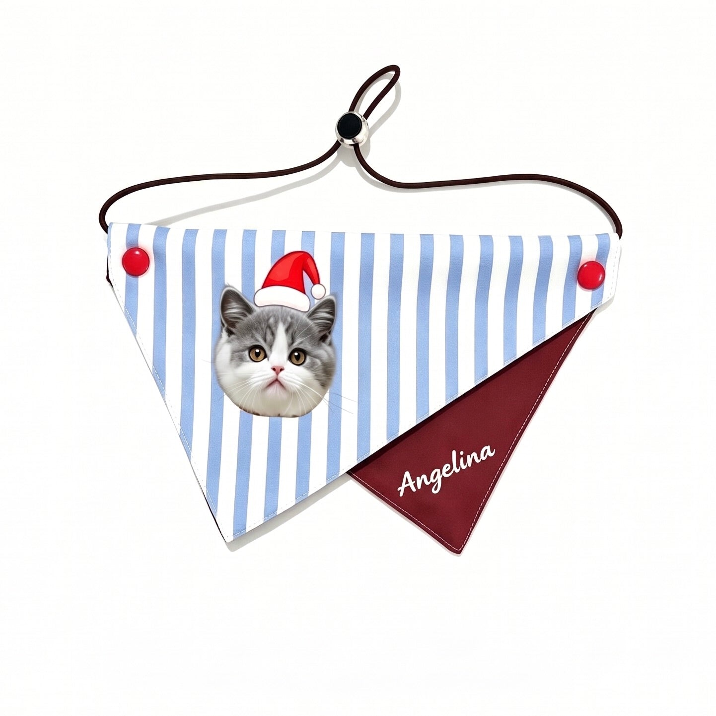 A light blue geometric custom cat bandana featuring a personalized white cat portrait and name Angelina.